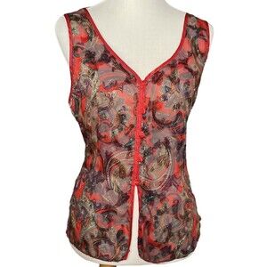 Expressions California Dynasty Large Red Paisley Sleeveless Top Sheer Button VTG